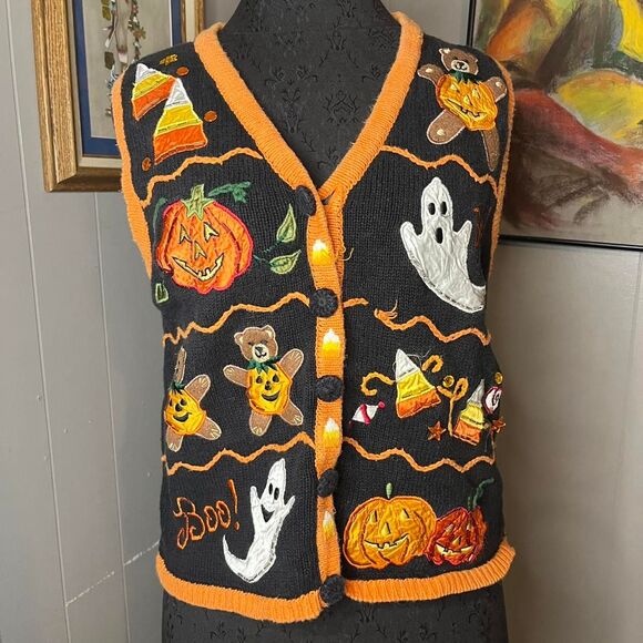 Vtg Halloween Knit Vest Candy Ghosts ( Medium ) Teacher Core Pumpkins Bears - Picture 1 of 7